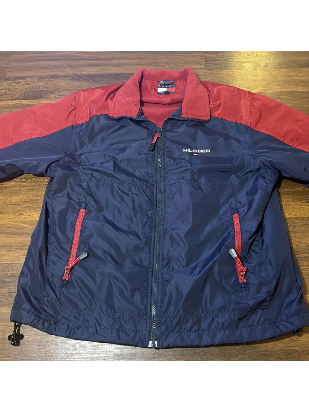 Vintage Embroidered Tommy Hilfiger Fleece Lined Jacket Colorblock Red Navy Men L